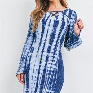 Emma & Michele Long sleeve lace-up V-neck tie-dye ribbed large pencil dress